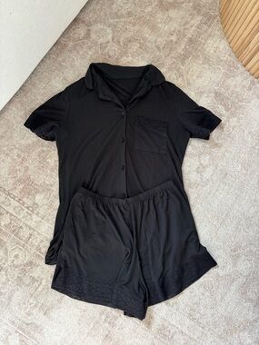 Black Short Sleeve Button-Front Pajama Set